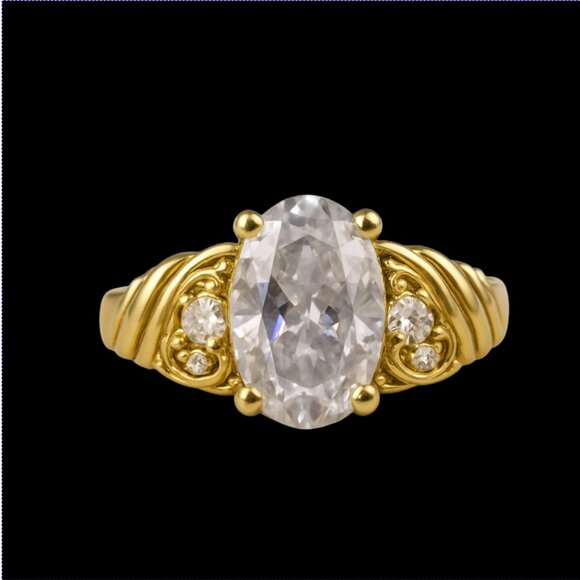 FAUX DIAMOND RING -- Five Faux Stones with Gold Toned Band, Etched with Swirls - Picture 2 of 6